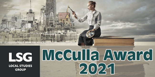 Librarian sitting on books painting a townscape. Large text below: Local Studies Group McCulla Award 2021